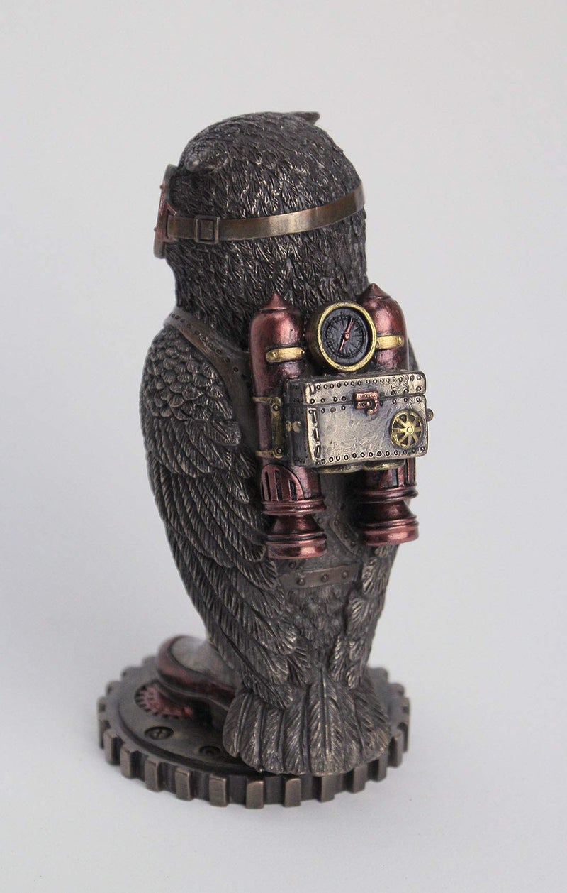 JFSM INC. Steampunk Owl with Jetpack Statue Sculpture on Gears Bronze - Image 3